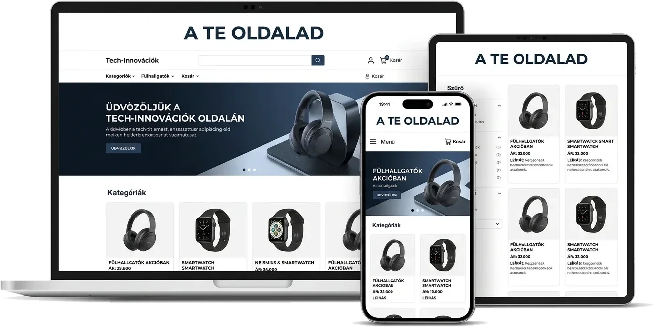 Ugyanaz a weboldal asztali gépen, tableten és telefonon